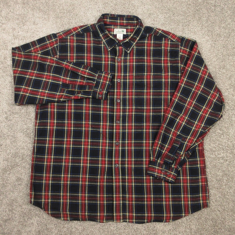LL Bean Shirt Mens XL Black Red Plaid Twill Flannel Outdoor Work Button Up